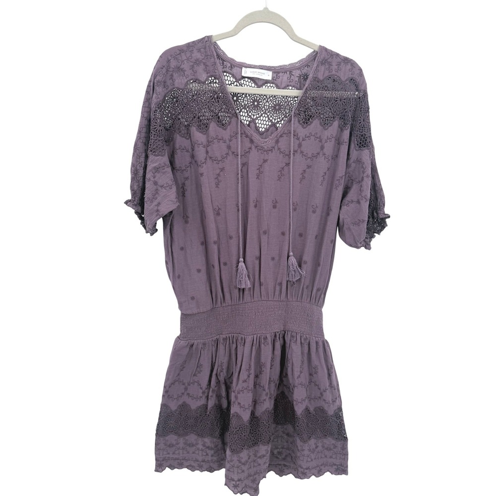 Lucky Brand Purple Drop Waist Cotton Embroidered Crochet Lace Smocked Mini Dress